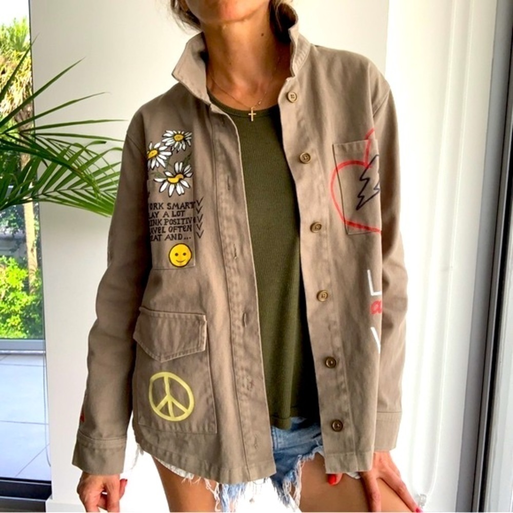 Ascot & Hart Green Army Jacket hand painted with graphic details, size S